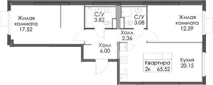 2-комнатная квартира 65.52 м², 11/12 эт., ЖК «Таллинский парк»